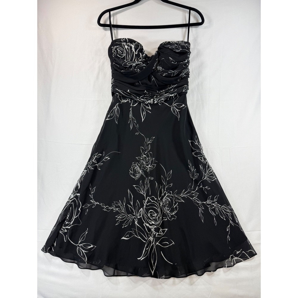 White House Black Market Floral Chiffon Cocktail Dress Black White Size 6
